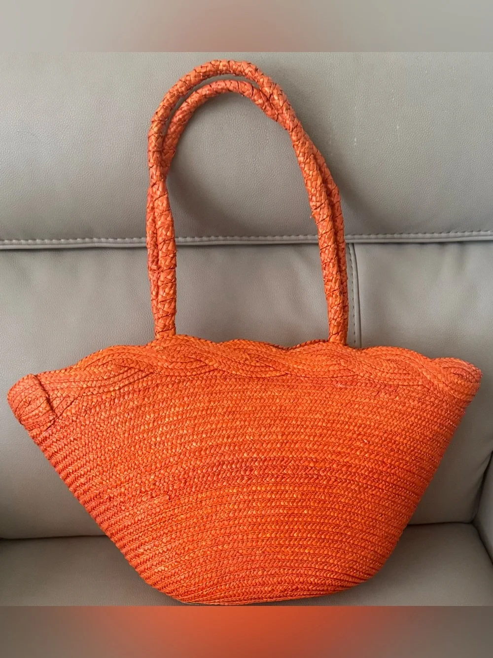 2-day sale $25 Vibrant Orange Woven Straw Maxi Tote Bag Braided Shoulder Handles